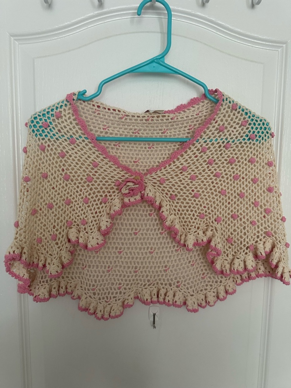 Hand-Crocheted Beige Capelet with Pink Trim